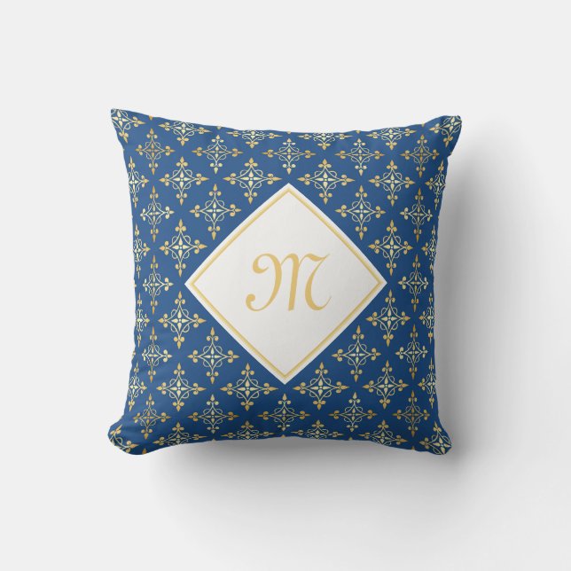 Luxury Monogram Blue and Gold Quatre Floral Cushion (Front)