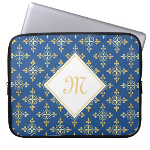 Luxury Monogram Blue and Gold Quatre Floral Laptop Sleeve
