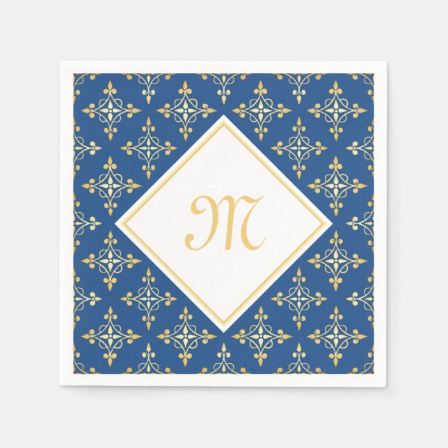Luxury Monogram Blue and Gold Quatre Floral Napkin (Front)