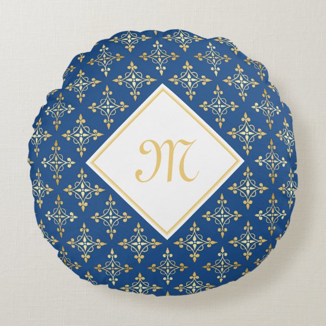 Luxury Monogram Blue and Gold Quatre Floral Round Cushion (Front)