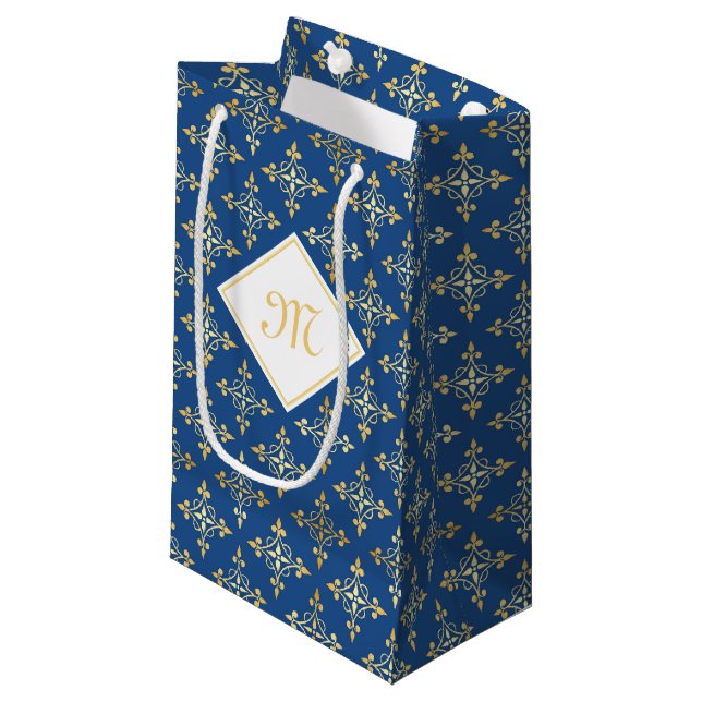 Luxury Monogram Blue and Gold Quatre Floral Small Gift Bag (Front Angled)