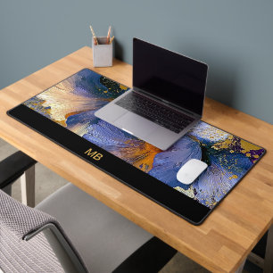 Luxury Monogram Blue Purple Gold Floral Art Desk Mat