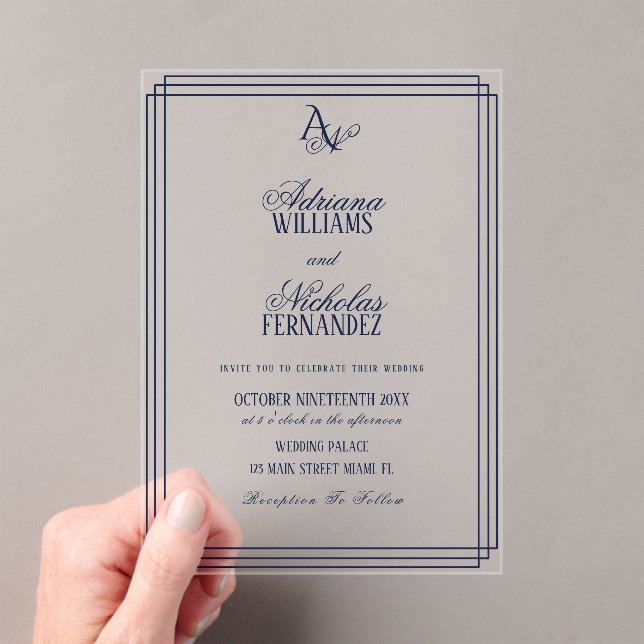 Luxury Monogram Blue Wedding Acrylic Invitations (Insitu (Handheld))