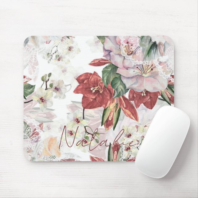 Luxury monogram burgundy floral illustration lace  mouse mat (With Mouse)