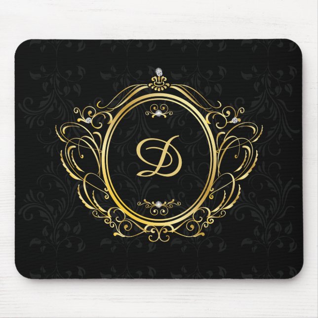 Luxury Monogram Gold Frame black damask Mouse Mat (Front)
