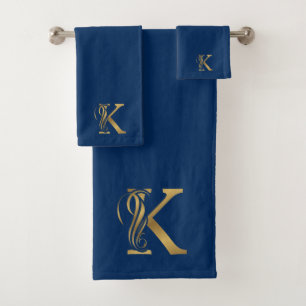 Luxury monogram gold letter K on Blue Bath Towel Set