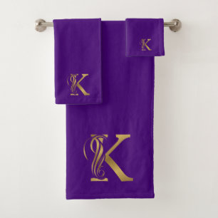 Luxury monogram gold letter on purple bath towel set