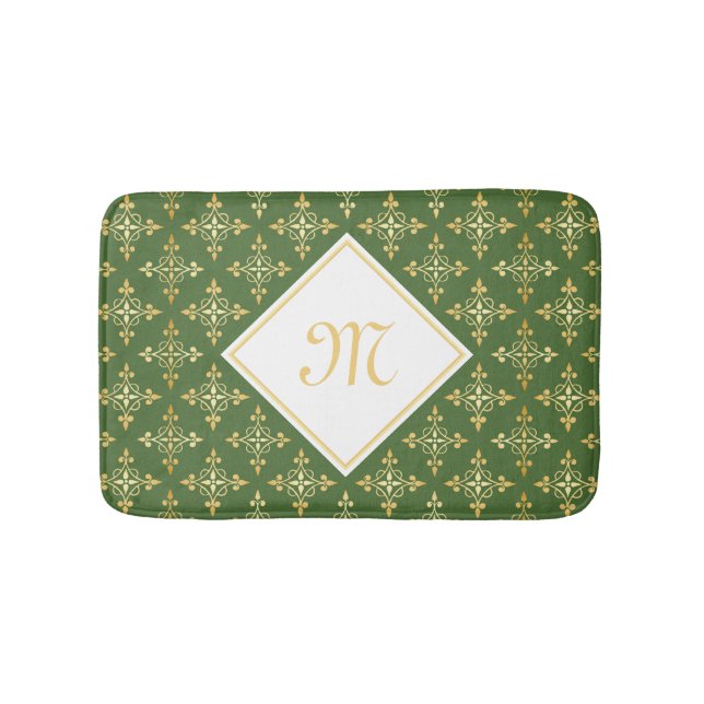 Luxury Monogram Green and Gold Quatre Floral Bath Mat (Front)