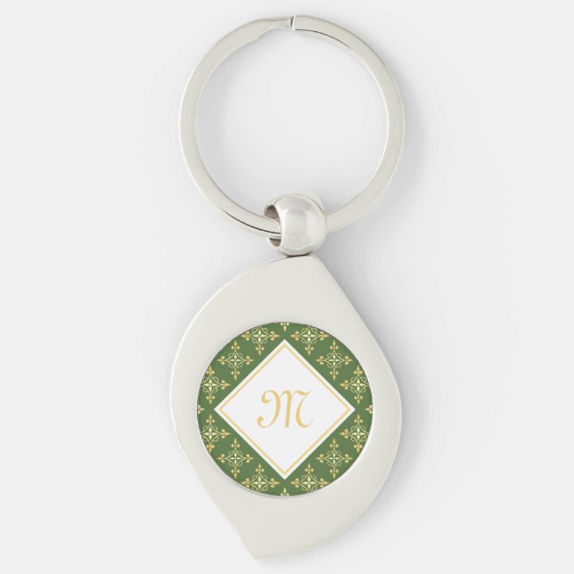 Luxury Monogram Green and Gold Quatre Floral Key Ring (Front)
