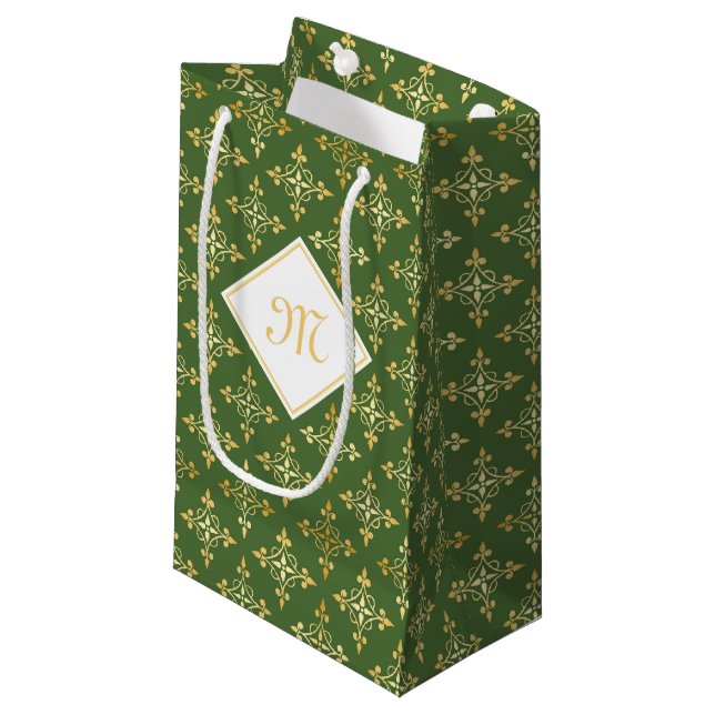 Luxury Monogram Green and Gold Quatre Floral Small Gift Bag (Front Angled)