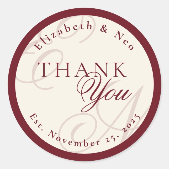 Luxury Monogram Ivory Wedding Thank You Classic Round Sticker (Front)