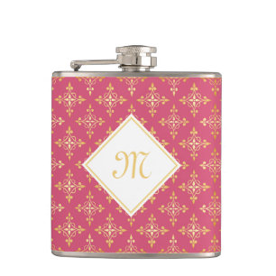 Luxury Monogram Pink and Gold Quatre Floral Hip Flask