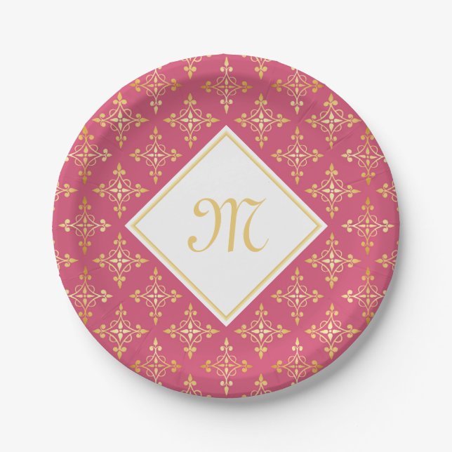Luxury Monogram Pink and Gold Quatre Floral Paper Plate (Front)