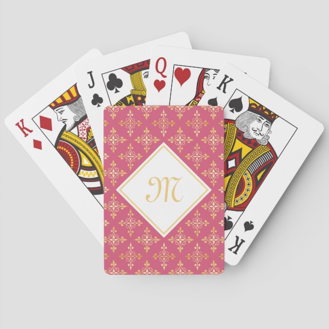Luxury Monogram Pink and Gold Quatre Floral Playing Cards (Back)