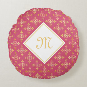 Luxury Monogram Pink and Gold Quatre Floral Round Cushion