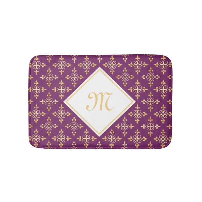 Luxury Monogram Purple and Gold Quatre Floral Bath Mat (Front)
