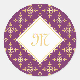 Luxury Monogram Purple and Gold Quatre Floral Classic Round Sticker