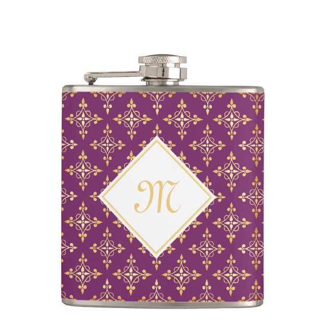 Luxury Monogram Purple and Gold Quatre Floral Hip Flask (Front)