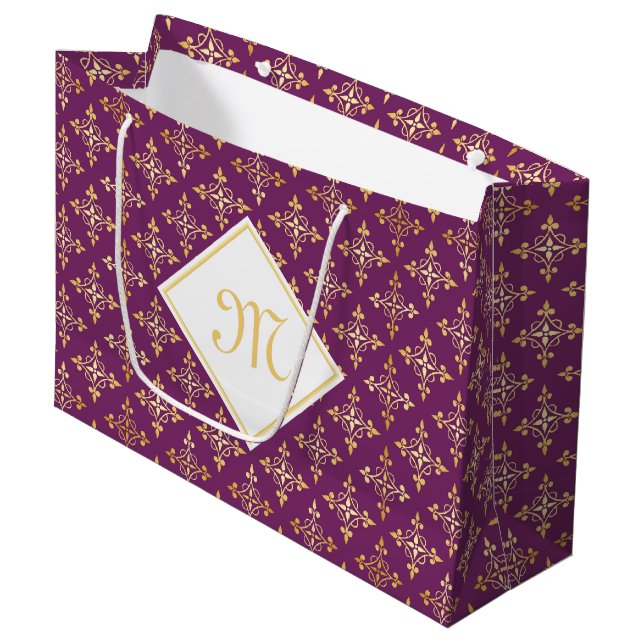 Luxury Monogram Purple and Gold Quatre Floral Large Gift Bag (Front Angled)
