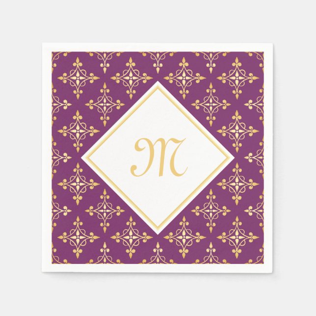 Luxury Monogram Purple and Gold Quatre Floral Napkin (Front)