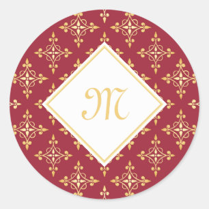 Luxury Monogram Red and Gold Quatre Floral Classic Round Sticker