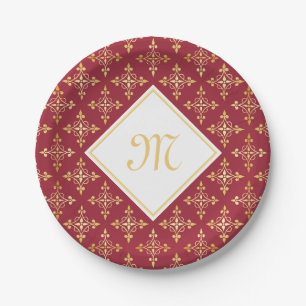 Luxury Monogram Red and Gold Quatre Floral Paper Plate