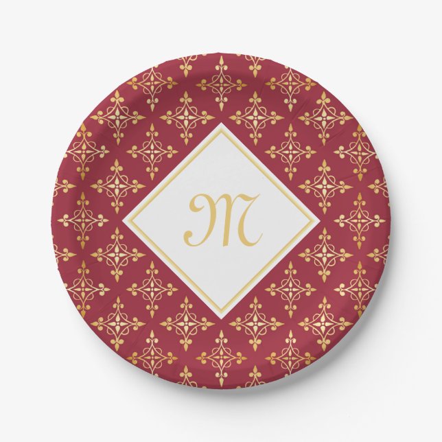 Luxury Monogram Red and Gold Quatre Floral Paper Plate (Front)