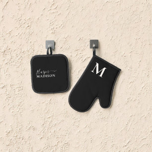 Luxury Monogram Script Black Oven Mitt & Pot Holder Set