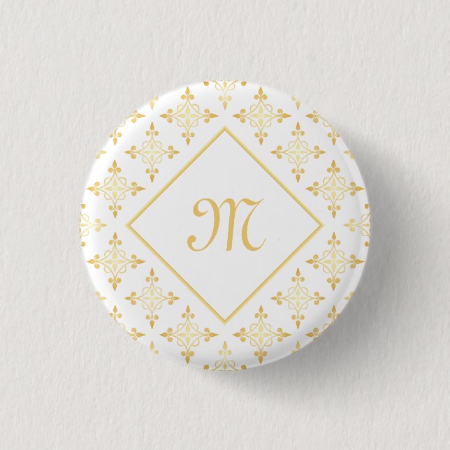 Luxury Monogram White and Gold Quatre Floral 3 Cm Round Badge (Front)
