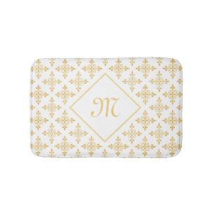 Luxury Monogram White and Gold Quatre Floral Bath Mat