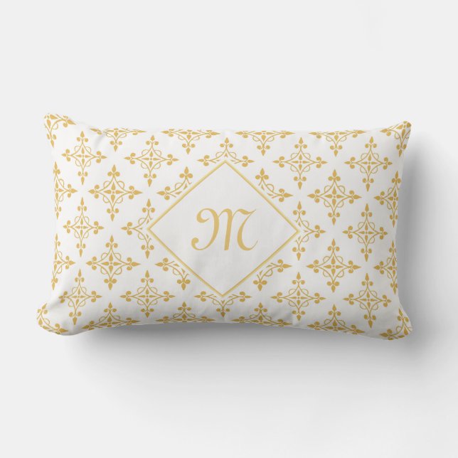 Luxury Monogram White and Gold Quatre Floral Lumbar Cushion (Front)