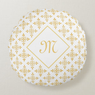 Luxury Monogram White and Gold Quatre Floral Round Cushion