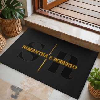 Luxury Monogrammed Black Gold Modern Minimalist Doormat