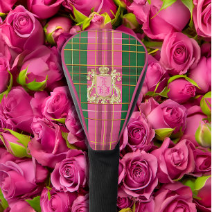 Luxury Monogrammed Pink and Green Plaid Driver Golf Head Cover
