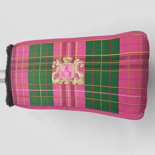 Luxury Monogrammed Pink and Green Plaid Putter Golf Head Cover (Front)