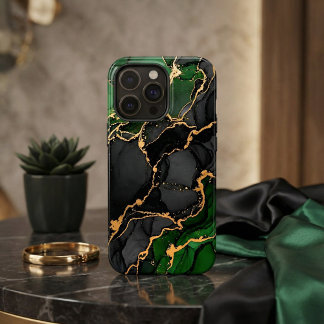 Luxury Moss & Gold Abstract Alcohol Ink Art iPhone 15 Pro Case