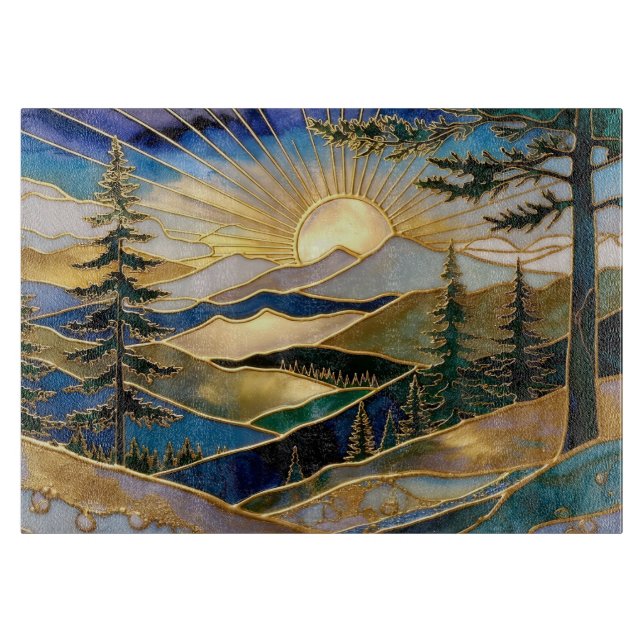 Luxury Mountain Sunrise Glass Cutting Board (Front)