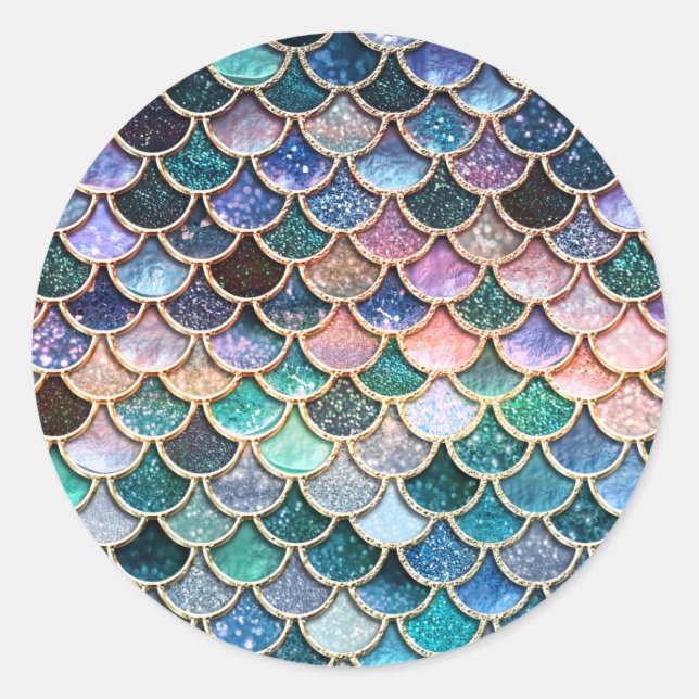 Luxury multicolor Glitter Mermaid Scales Classic Round Sticker (Front)