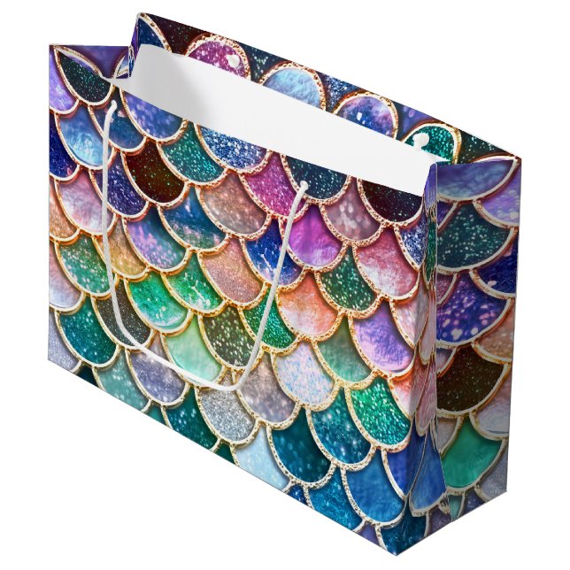 Luxury multicolor Glitter Mermaid Scales Large Gift Bag (Front Angled)