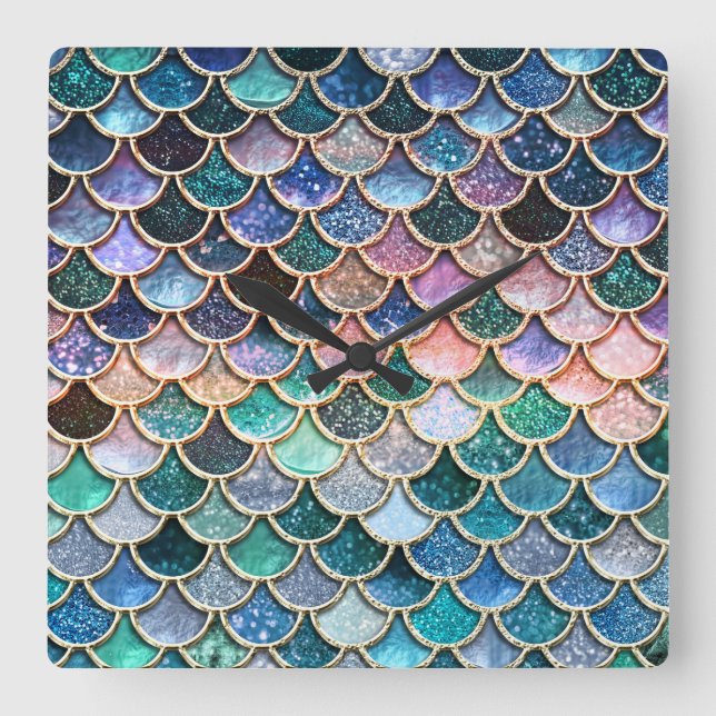Luxury multicolor Glitter Mermaid Scales Square Wall Clock (Front)