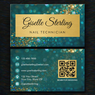 Luxury Nail Technician Gold Teal Glitter QR Code Business Card