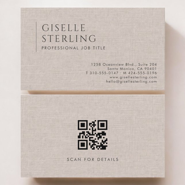 Luxury Natural Brown Linen QR Code Business Card (Creator Uploaded)