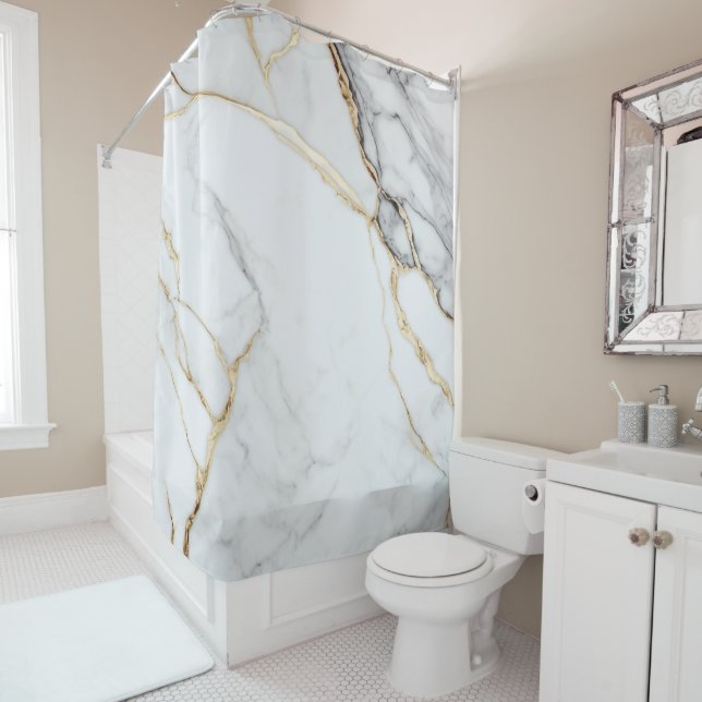Luxury Natural Gold Texture White Marble Shower Curtain (In Situ)