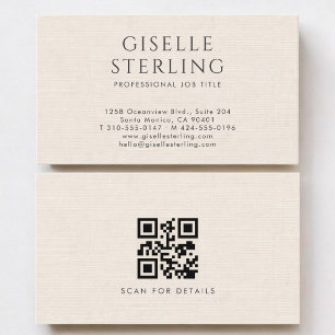 Luxury Natural Neutral Ivory Linen QR Code Business Card