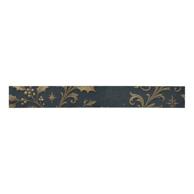 Luxury Navy and Gold Botanical Christmas Grosgrain Ribbon (Front)