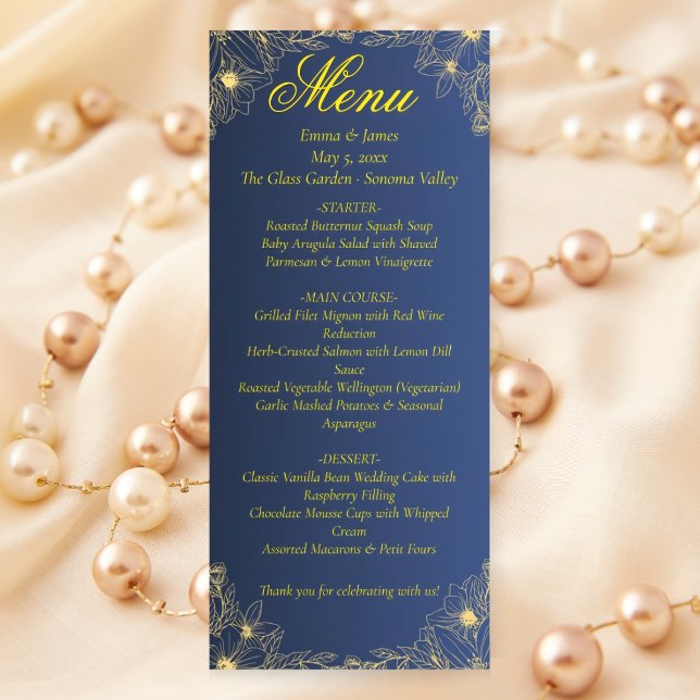 Luxury Navy and Gold Floral Wedding Menu Card (Creator Uploaded)