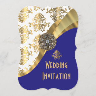 Luxury navy blue and gold damask wedding invitation