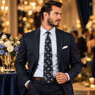 Luxury Navy Blue and Gold Floral Seamless Pattern Tie