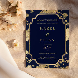 Luxury navy blue and gold floral Wedding Invitation