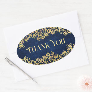 Luxury Navy Blue And Gold Flourish Winter Wedding Oval Sticker